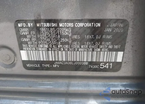 2020 Mitsubishi Outlander Sel 2.4 S-Awc из США, поврежденный, VIN JA4AZ3A36LJ000386